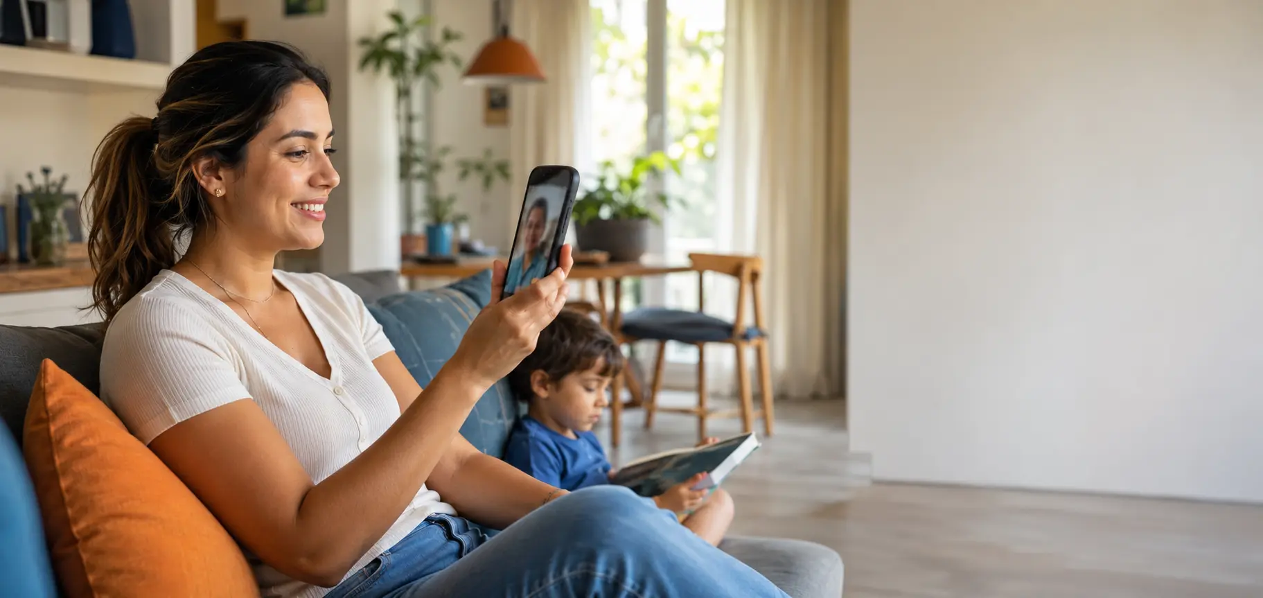 Mãe usando o celular para uma teleconsulta